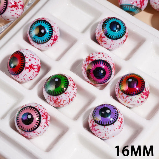 UV Coated Halloween Bloody Eyeball Printed Round Acrylic Beads, 16MM, Assorted Designs, Random Mix