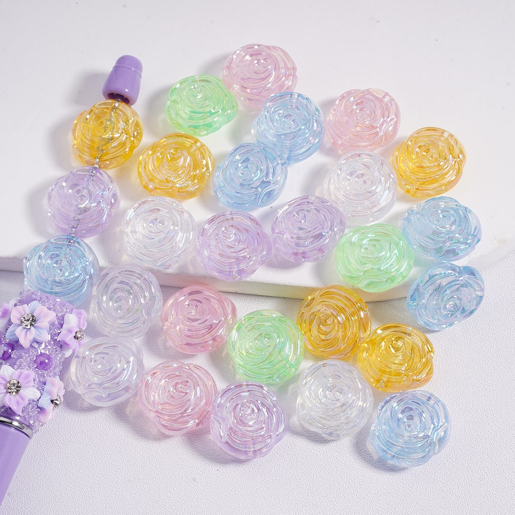 UV Coated Cute Flat Rose Flower, Multi-Color Acrylic Beads 16*17MM, Random Mix