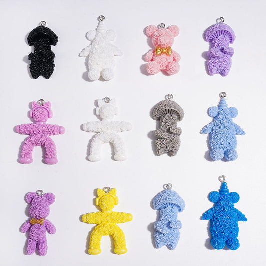Cute Bear & Assorted Character with Rose Flower Designs in Various Poses Acrylic Pendants, Multicolor, Random Mix