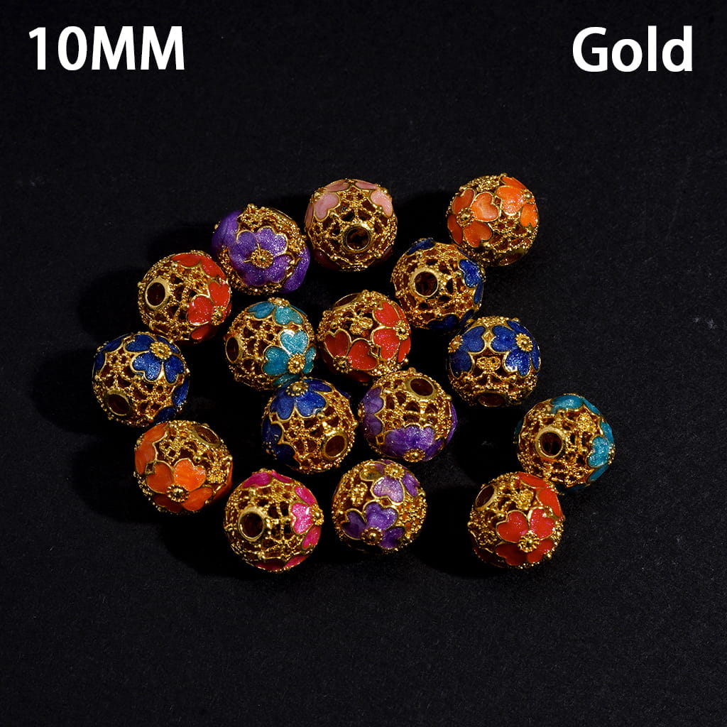 Gold & Silver Alloy Four Leaf Clover Beads with Hollow Scroll Design, Lucky Charm Round Metal Beads, 10MM