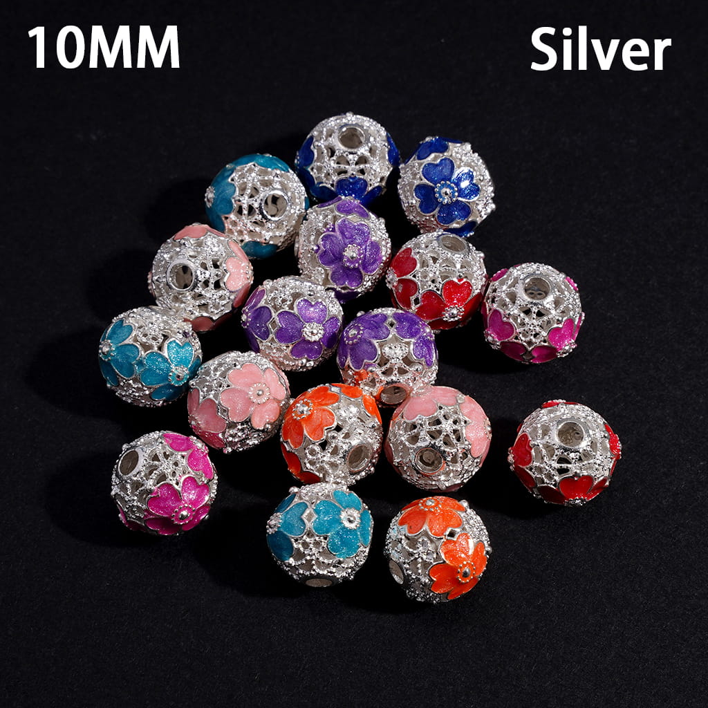 Gold & Silver Alloy Four Leaf Clover Beads with Hollow Scroll Design, Lucky Charm Round Metal Beads, 10MM