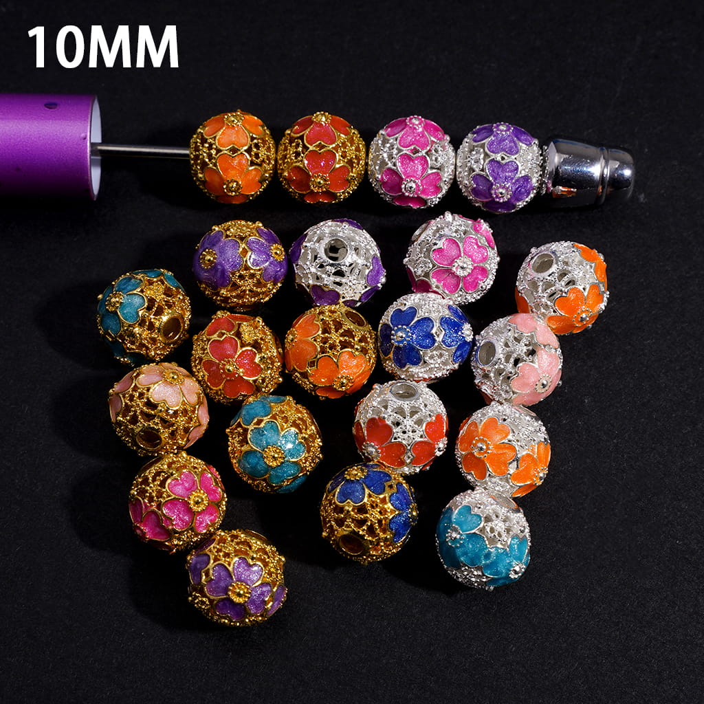 Gold & Silver Alloy Four Leaf Clover Beads with Hollow Scroll Design, Lucky Charm Round Metal Beads, 10MM