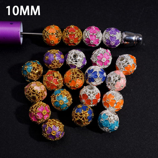 Gold & Silver Alloy Four Leaf Clover Beads with Hollow Scroll Design, Lucky Charm Round Metal Beads, 10MM