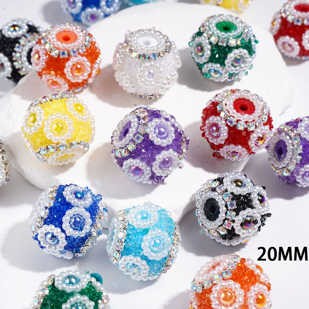 Handmade Acrylic Sugar Beads with Cone Shaped Rhinestones, UV-Coated Half-Shell Pearl, AB Rhinestone and White Pearl Chains, 20MM Multi-Color