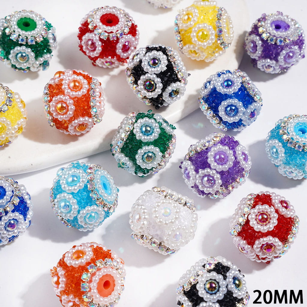 Handmade Acrylic Sugar Beads with Cone Shaped Rhinestones, UV-Coated Half-Shell Pearl, AB Rhinestone and White Pearl Chains, 20MM Multi-Color