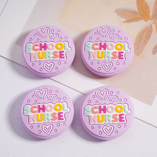 School Nurse with Heart Blush Pink Prints Round Silicone Focal Bead