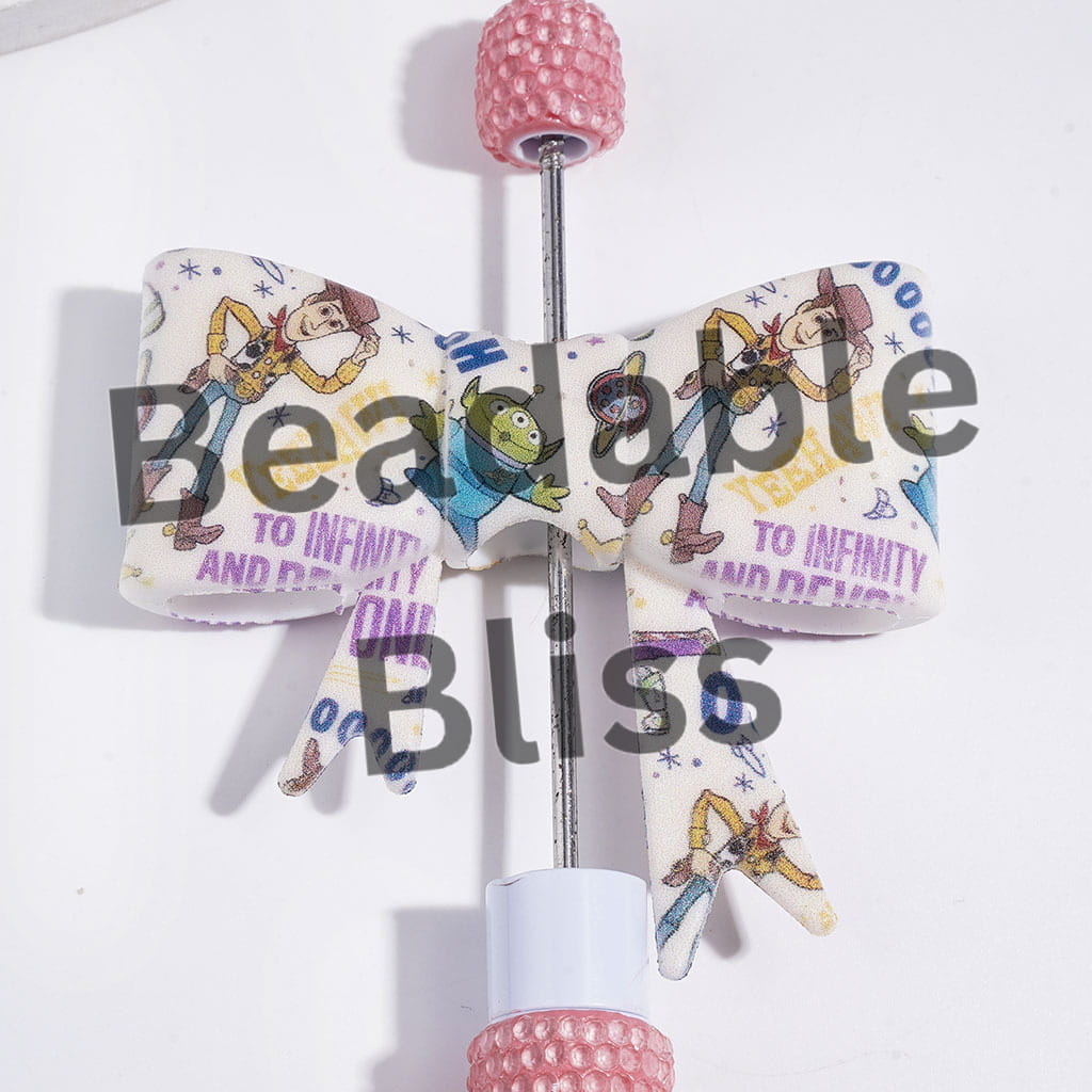 UV-Printed Soft Bowtie with Toy Adventure Characters Printed Silicone Focal Beads, 53*59MM