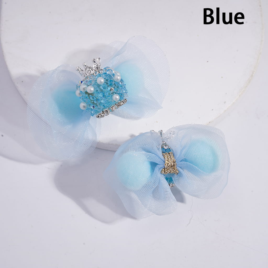Silver Crown with Rhinestones, White Pearls & Fabric Lace Bowtie with Fluffy Balls Sugar Beads Random Mix
