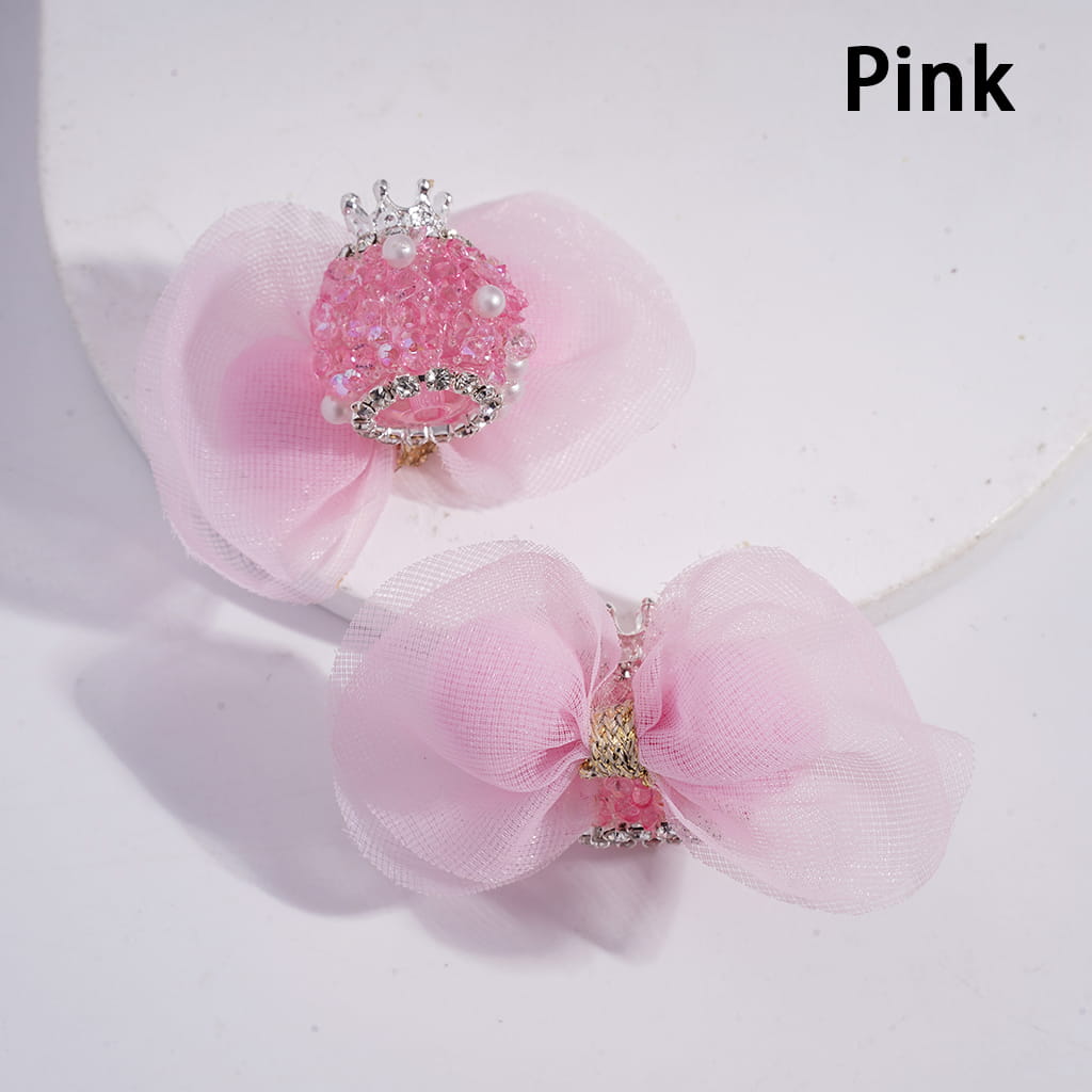 Silver Crown with Rhinestones, White Pearls & Fabric Lace Bowtie with Fluffy Balls Sugar Beads Random Mix