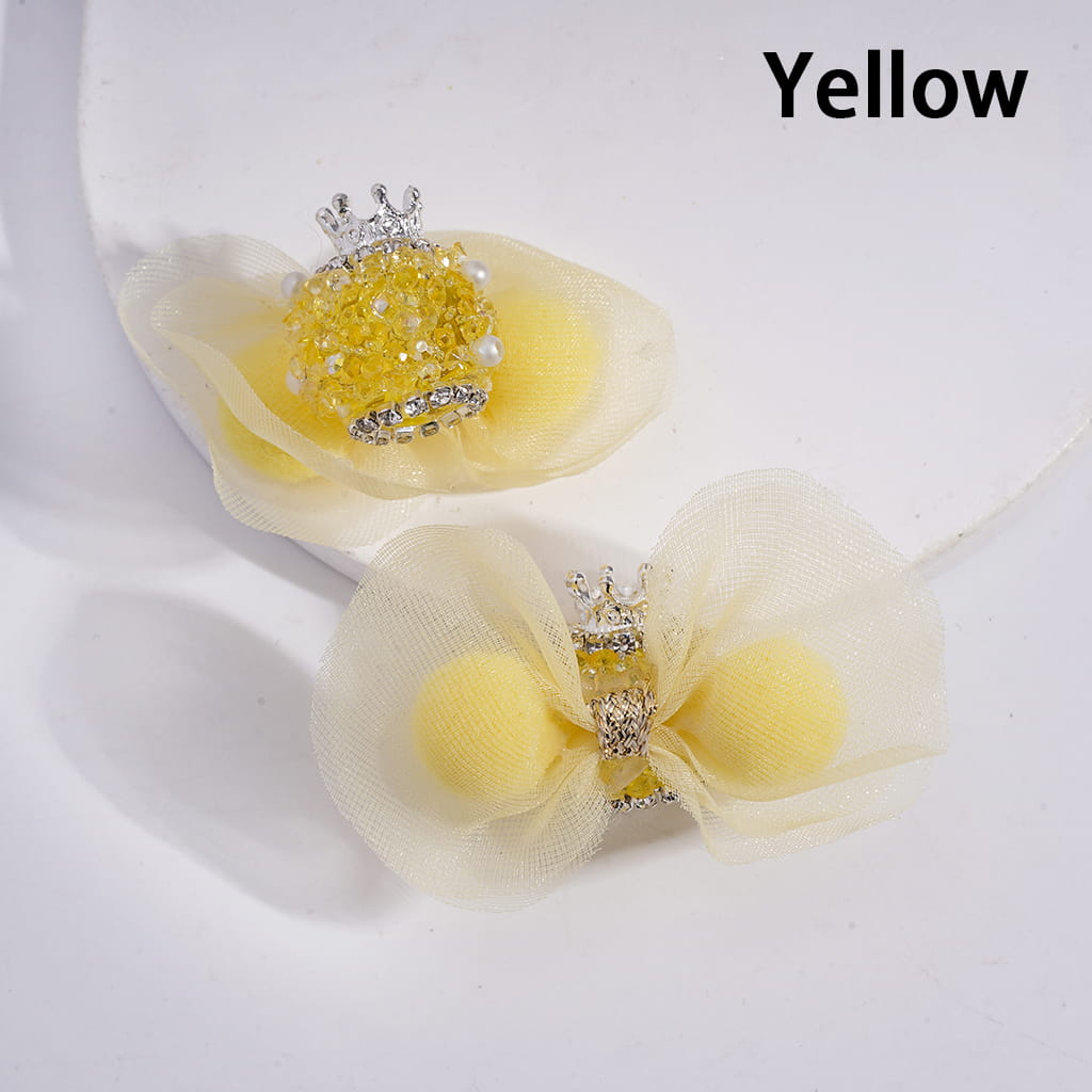 Silver Crown with Rhinestones, White Pearls & Fabric Lace Bowtie with Fluffy Balls Sugar Beads Random Mix