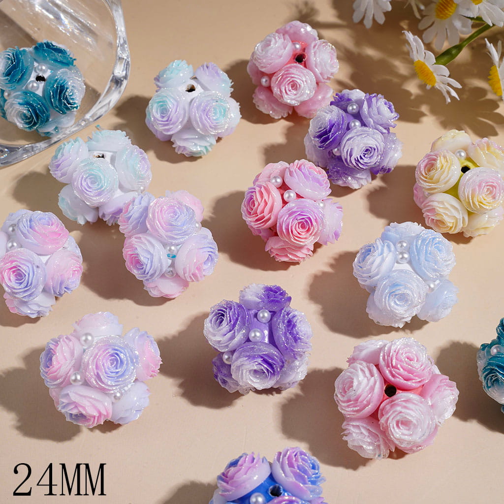 Clay Beads with Gradient Glitter Roes Flower and White Pearls, 24MM Random Mix Multi-Colors