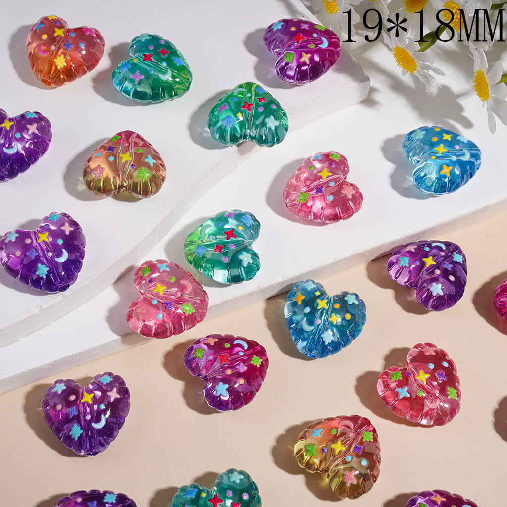 Transparent Galaxy Heart Acrylic Beads with Mini Dots Star & Moon, 19*18MM, Multi Colors Random Mix