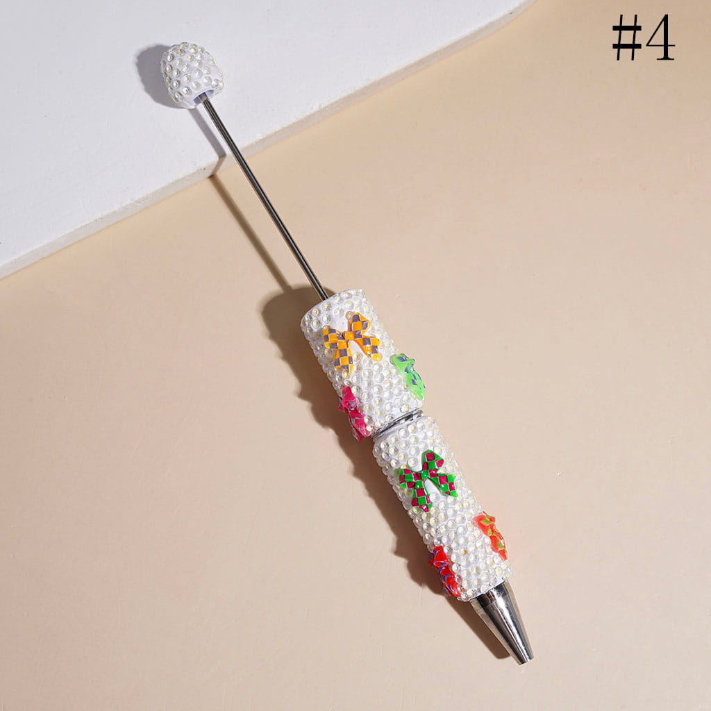 Beadable Clay Pen with Clear Rhinestones and Checkered Patterns Bow, Multi-Color
