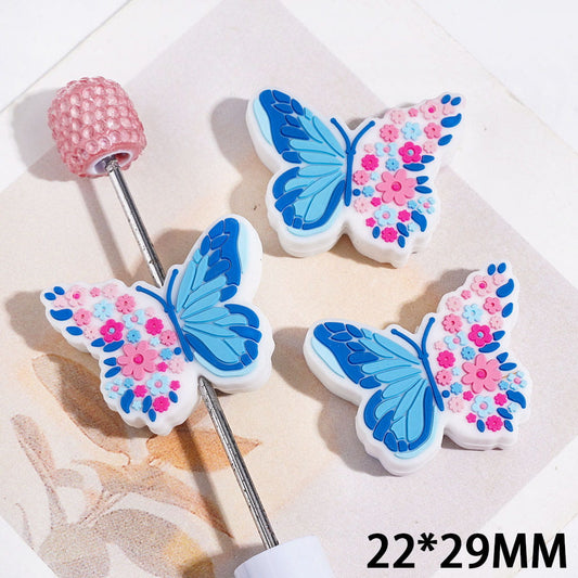 Colorful Butterfly with Pink & Blue Floral Wing Design Silicone Focal Beads, 22-29MM