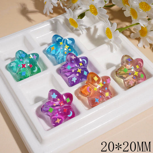 Transparent Galaxy Star Shape Acrylic Beads with Colorful Mini Star Moon Dots Patterns Print 20*20MM Random Mix