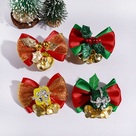 Christmas Bow Ribbon with Jingle Bells & Rhinestone Chains, Handmade Acrylic Beads, Random Mix