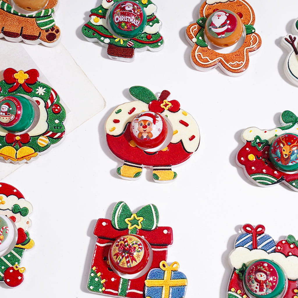 Festive Christmas Character Santa, Reindeer, Snowman, Tree & Holiday Designs, Hollow Frames and Printed Round Acrylic Beads, Random Mix