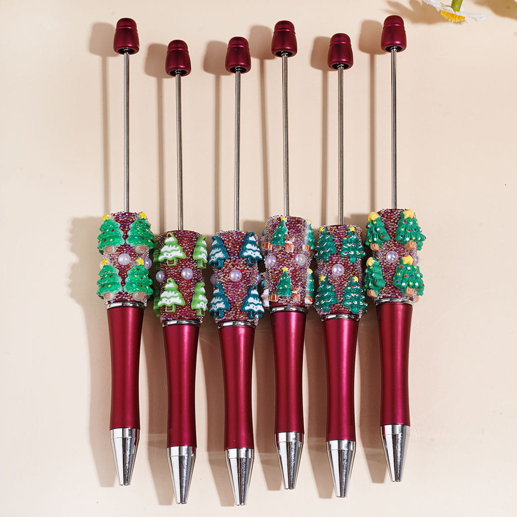 Handmade Christmas Tree Beadable Pens with Mini Iridescent Colors Bubbles and UV Coated Half-Faced Pearls