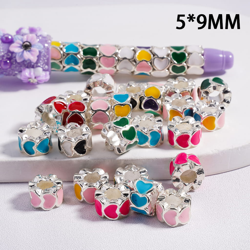 Big Hole Silver Alloy Beads with Colorful Hearts 5*9MM, Random Mix (The Hole Diameter is 5 MM)