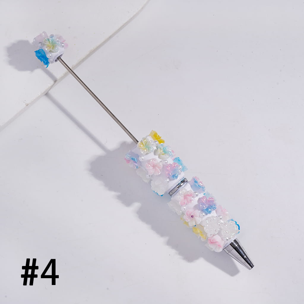 Beadable Clay Pens with Luminous Vertigo Five-Petaled Flowers and White Pearls, Multi-Color