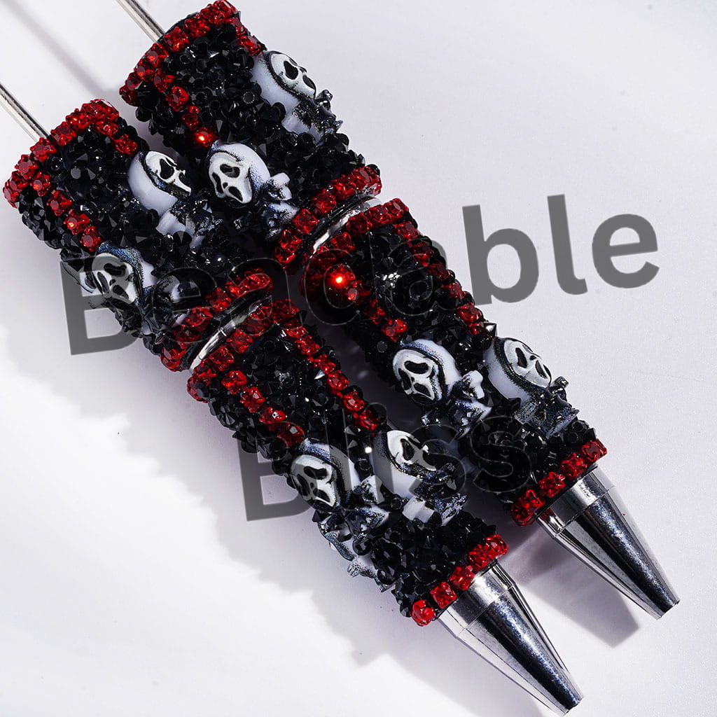 Handmade Beadable Sugar Pens with Horror Mask Skull and Clear Rhinestone Chains