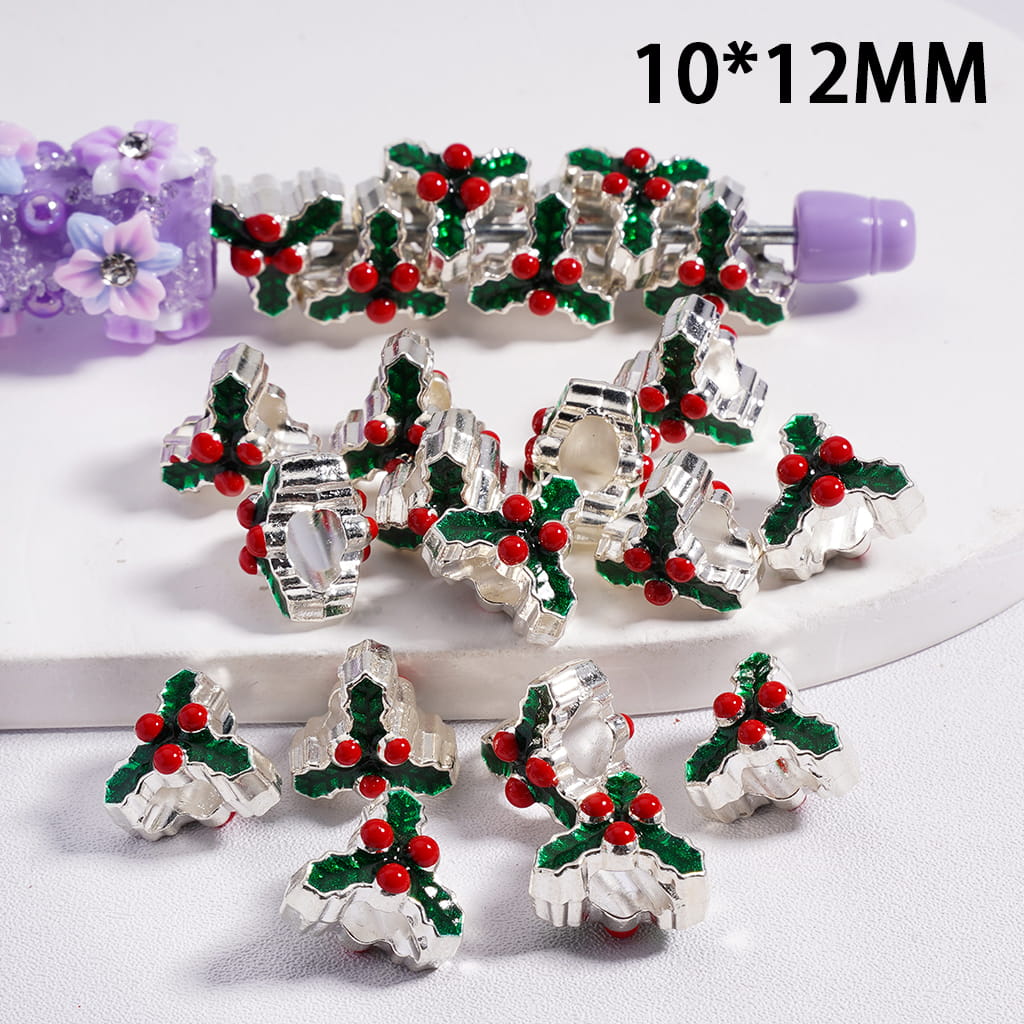Christmas Holly Leaves and Red Fruit Polka Dots Acrylic Beads10*12MM (Big Hole)
