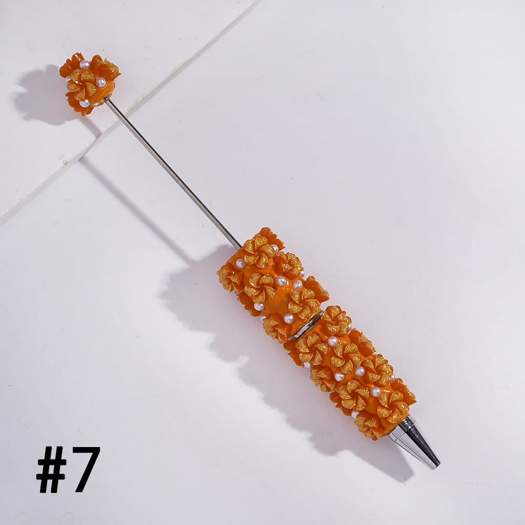 Beadable Clay Pens with Luminous Vertigo Five-Petaled Flowers and White Pearls, Multi-Color