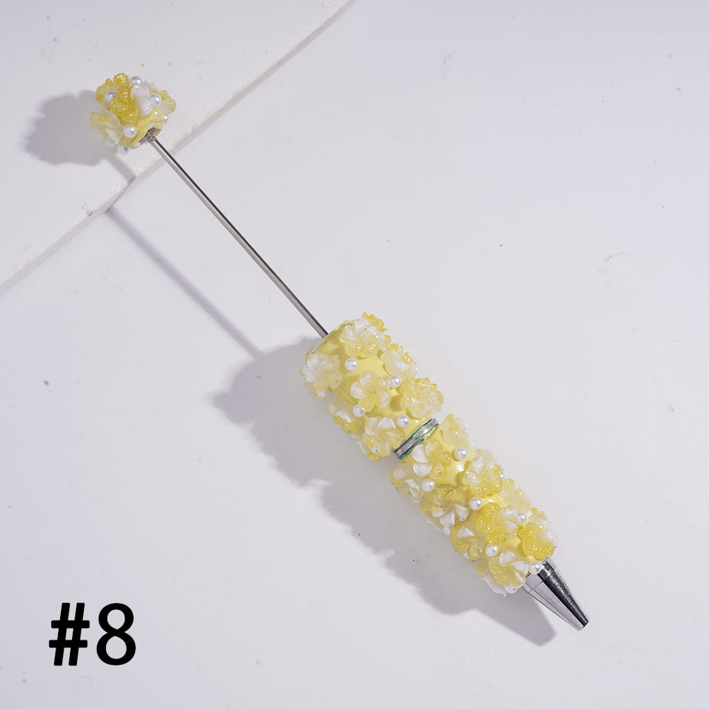 Beadable Clay Pens with Luminous Vertigo Five-Petaled Flowers and White Pearls, Multi-Color
