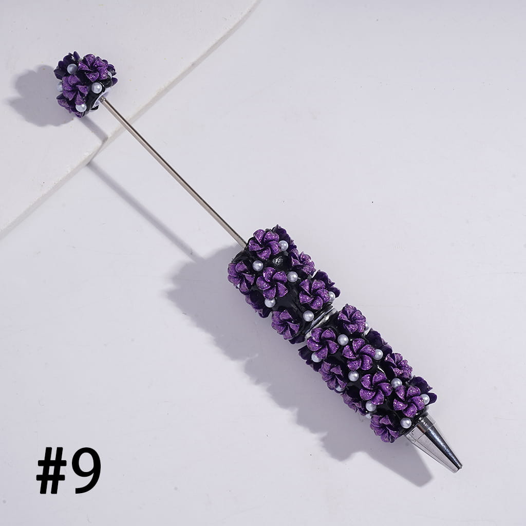 Beadable Clay Pens with Luminous Vertigo Five-Petaled Flowers and White Pearls, Multi-Color