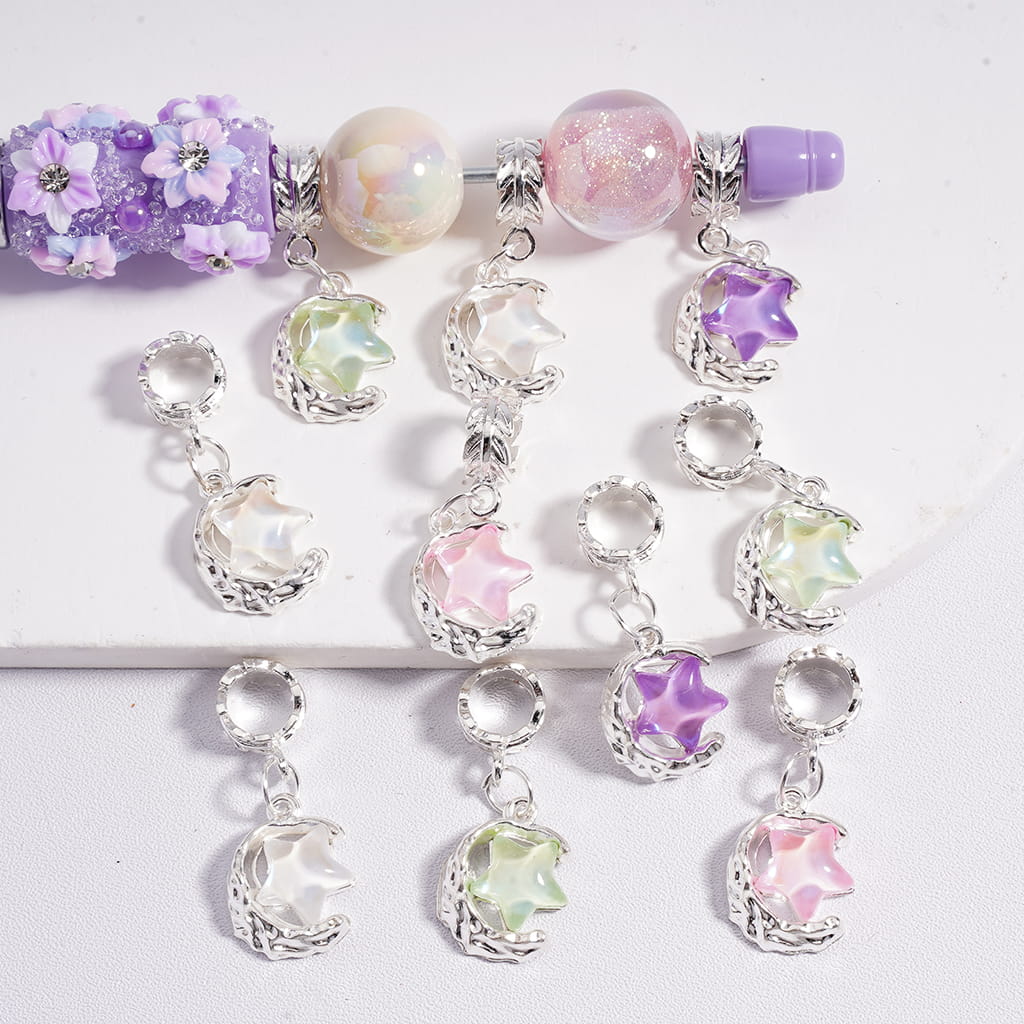 Silver Alloy Bail Beads with Leaf Ring Loop & Crescent Moon Star Charms Random Mix