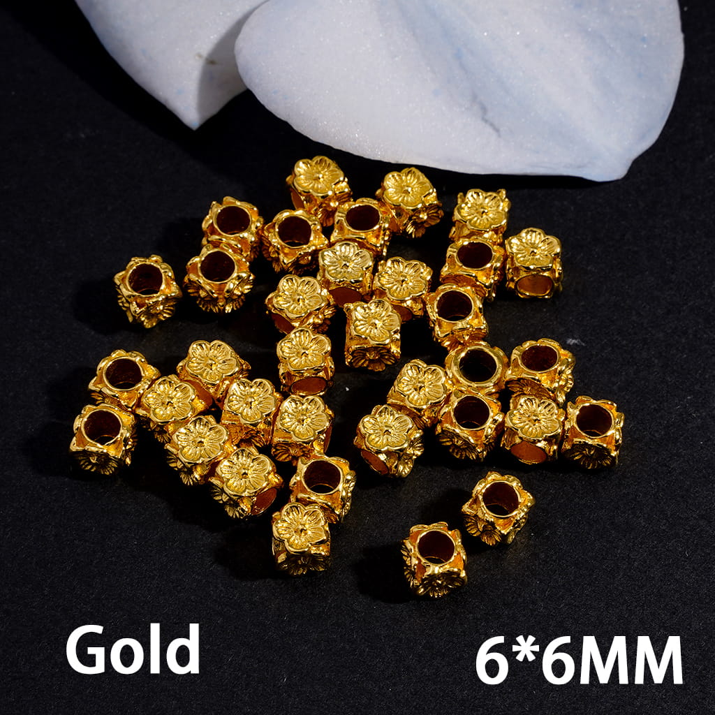 Peach Flower Square Cube Gold and Silver Metal Beads with Big Hole (The Hole Diameter is Around 3.5MM)
