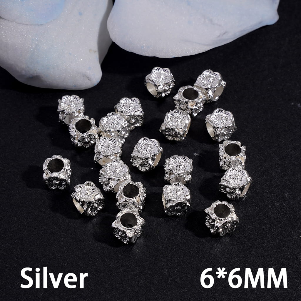 Peach Flower Square Cube Gold and Silver Metal Beads with Big Hole (The Hole Diameter is Around 3.5MM)