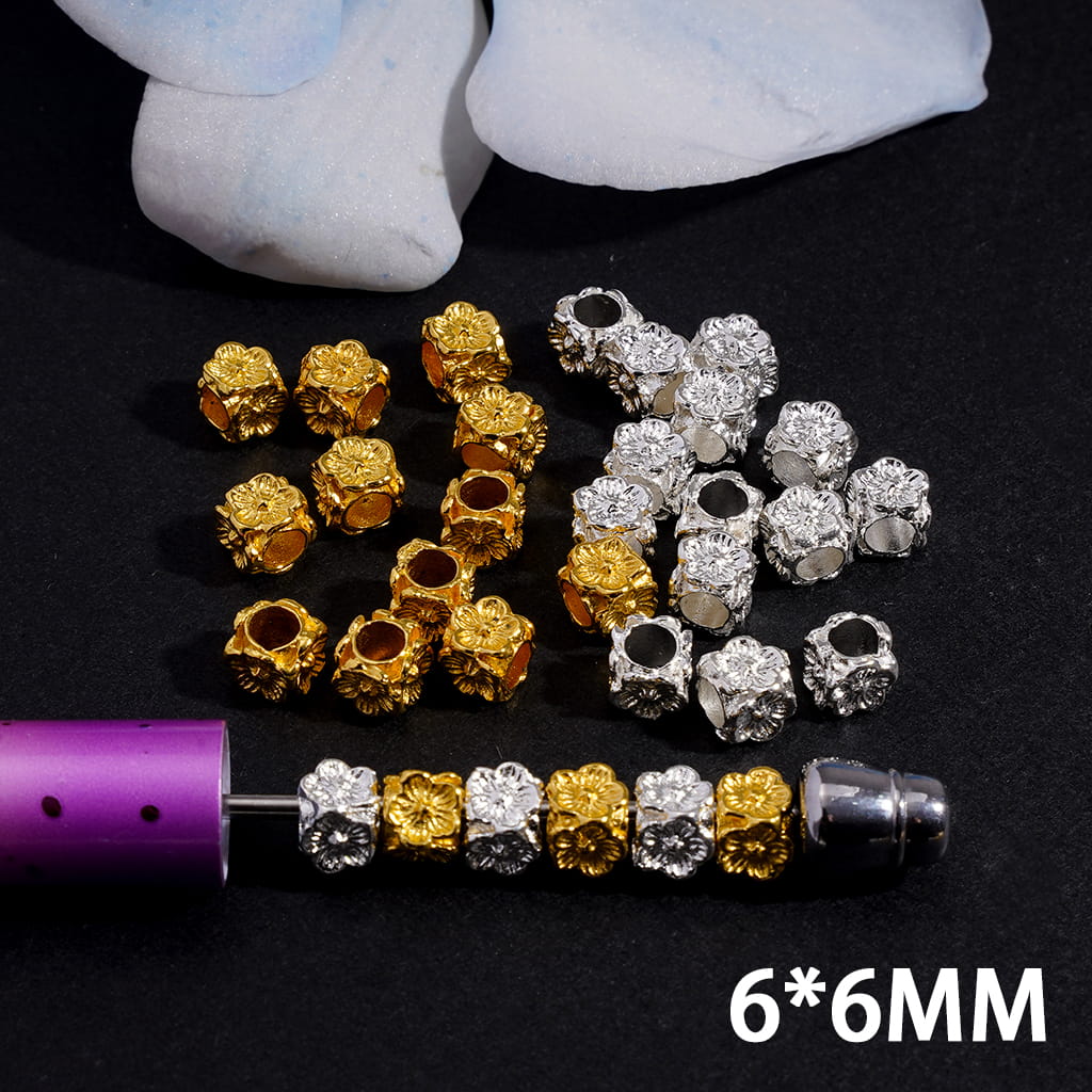 Peach Flower Square Cube Gold and Silver Metal Beads with Big Hole (The Hole Diameter is Around 3.5MM)