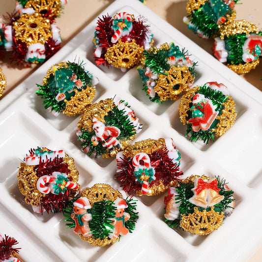 Christmas Santa Claus, Gingerbread Man, Candy Cane, Bell & Tree, Gold Metal Setting, Red & Green Tinsel, Handmade Acrylic Beads Random Mix
