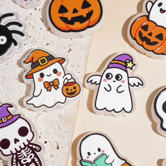 Cute Halloween Ghost, Pumpkin, Witch Hat, Skeleton & Black Cat Printed Acrylic Beads, Assorted Designs, Random Mix