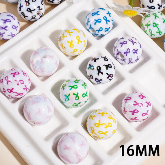 UV Coating Awareness Ribbon Printed Round Acrylic Beads for Bracelets, 16MM Assorted Colors, Random Mix