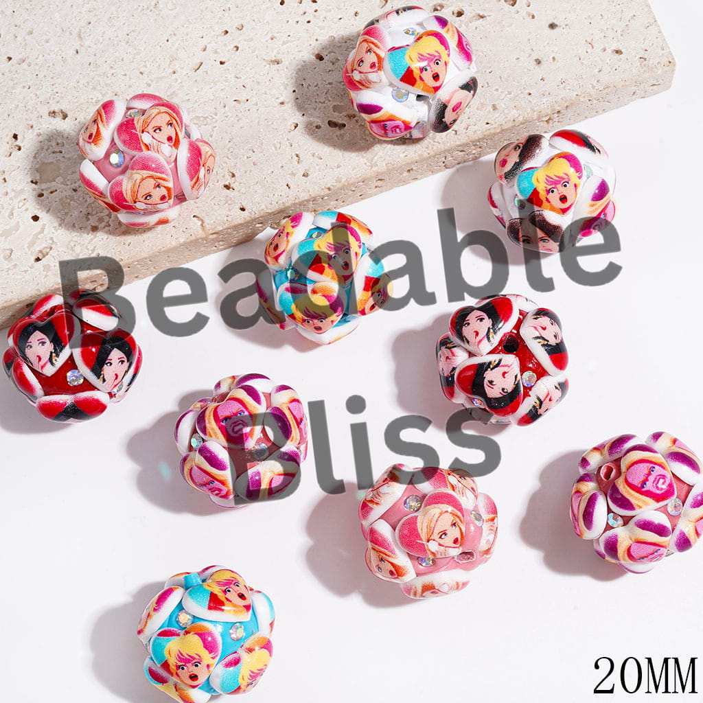 Clay Beads Heart with Various Facial Expression Fashion Doll, AB Rhinestones, 20MM, Random Mix