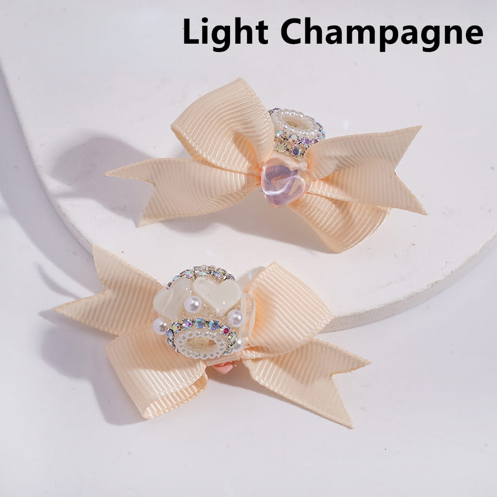 Shiny Clear Hearts with Multi-Color Fabric Bowknot, AB Rhinestones & White Pearl Chains Acrylic Beads