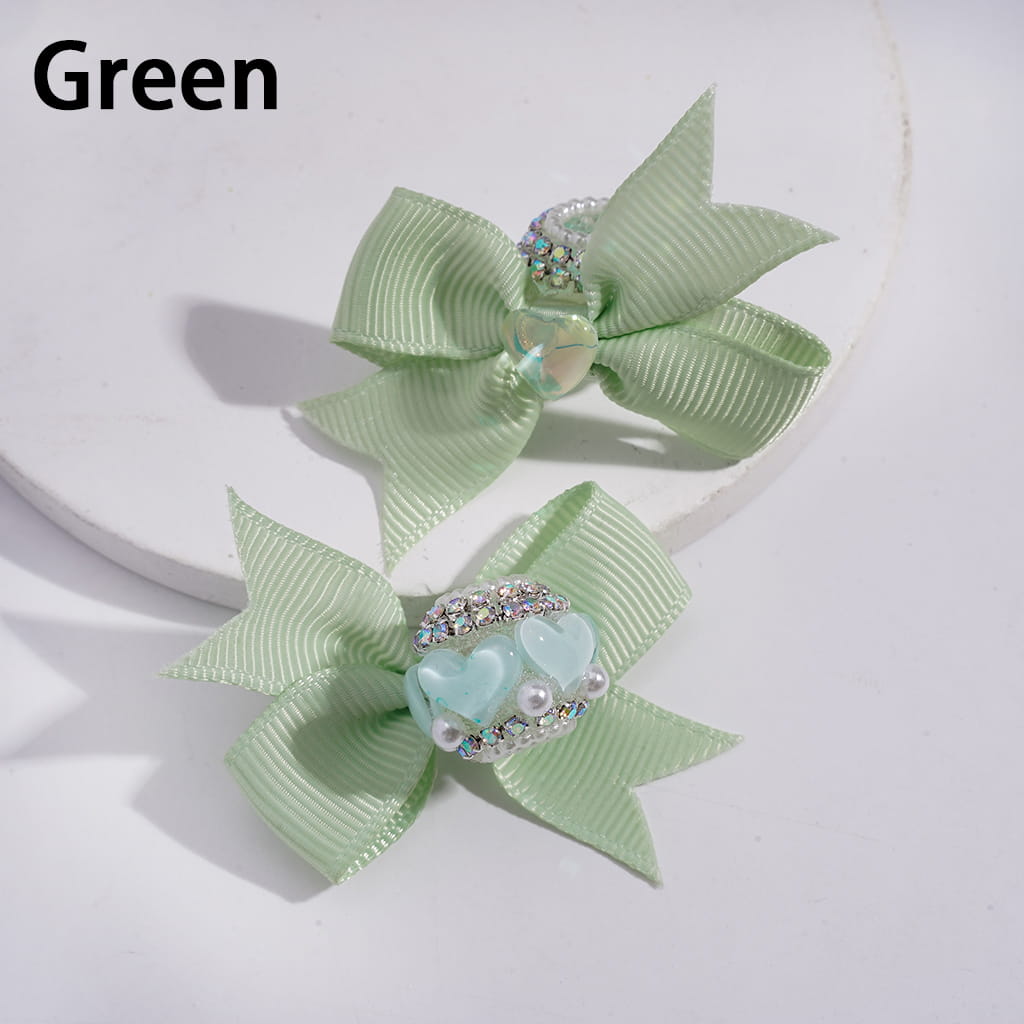 Shiny Clear Hearts with Multi-Color Fabric Bowknot, AB Rhinestones & White Pearl Chains Acrylic Beads