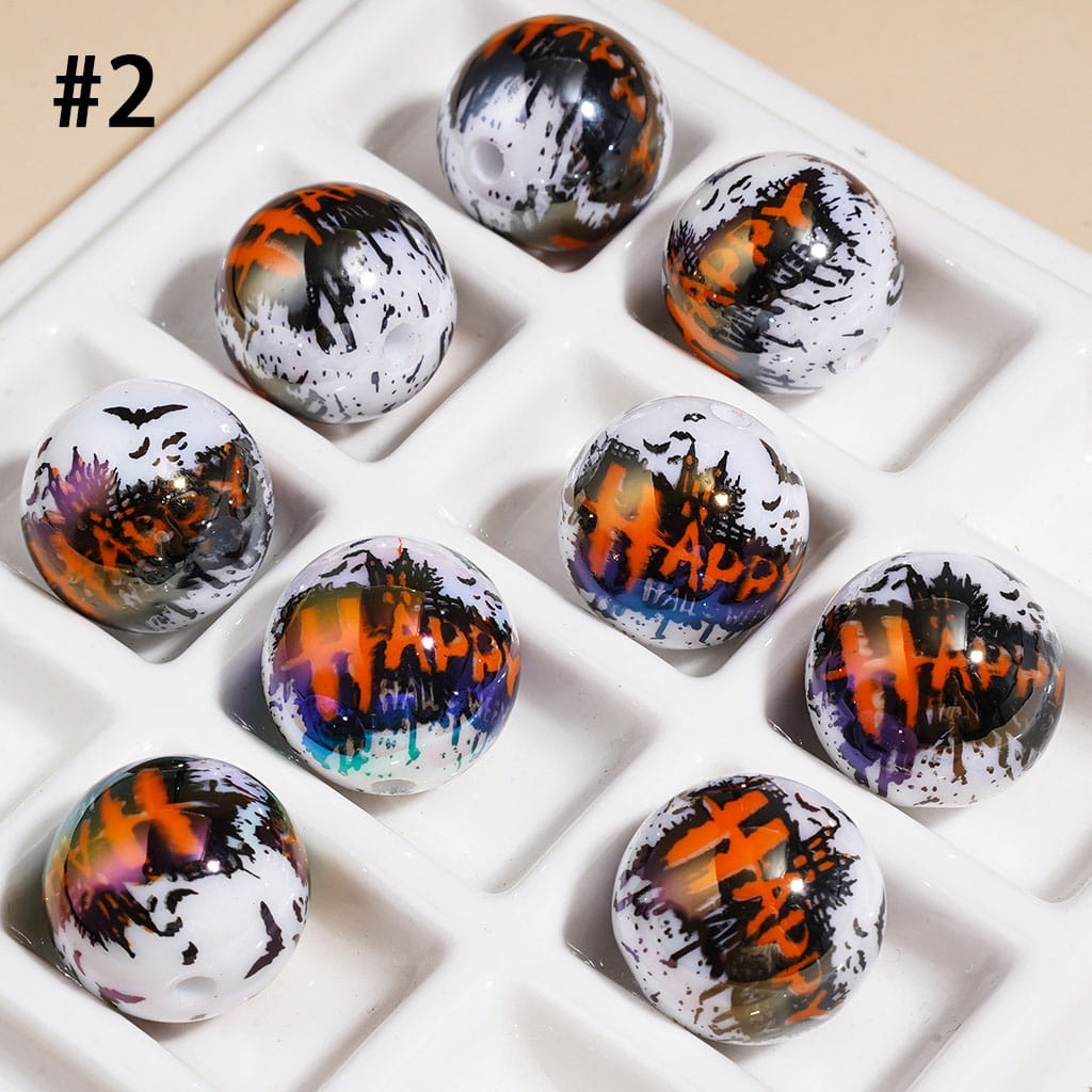 UV Coated Acrylic Beads for Bracelets with Horror Mask Skull Bat Witch Hat Castle, Halloween Series, 16MM