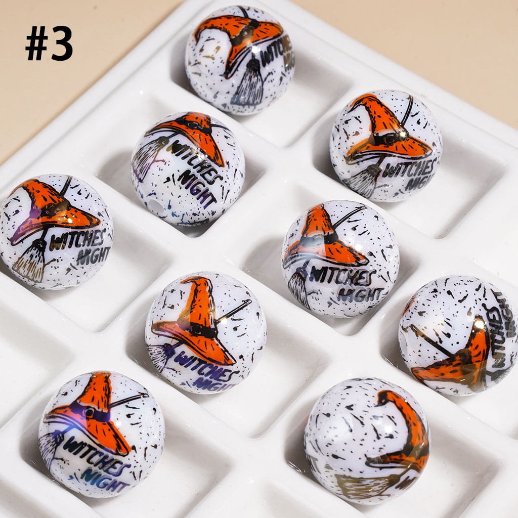 UV Coated Acrylic Beads for Bracelets with Horror Mask Skull Bat Witch Hat Castle, Halloween Series, 16MM