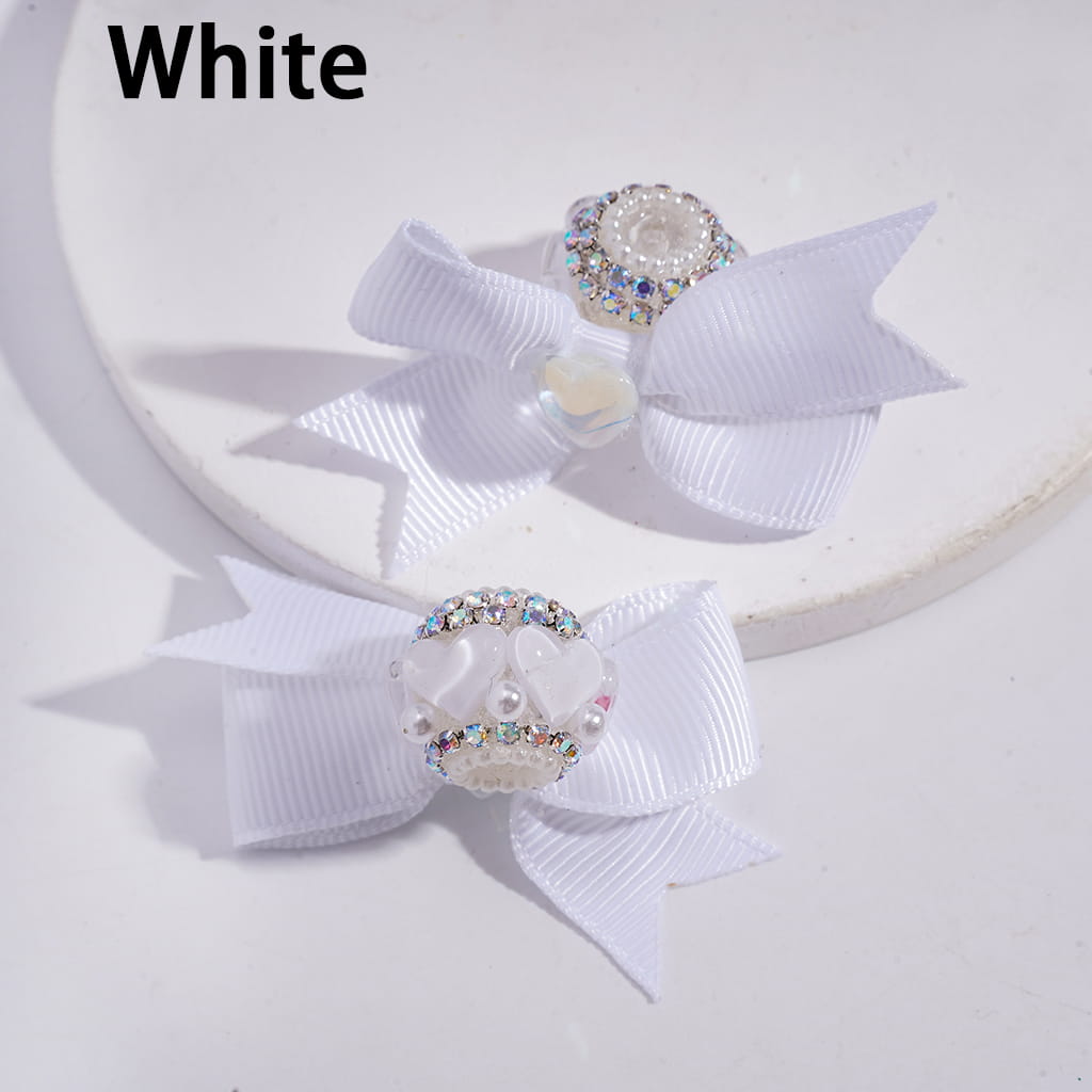 Shiny Clear Hearts with Multi-Color Fabric Bowknot, AB Rhinestones & White Pearl Chains Acrylic Beads