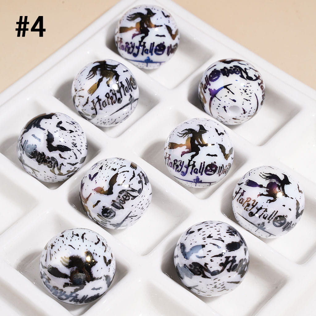 UV Coated Acrylic Beads for Bracelets with Horror Mask Skull Bat Witch Hat Castle, Halloween Series, 16MM