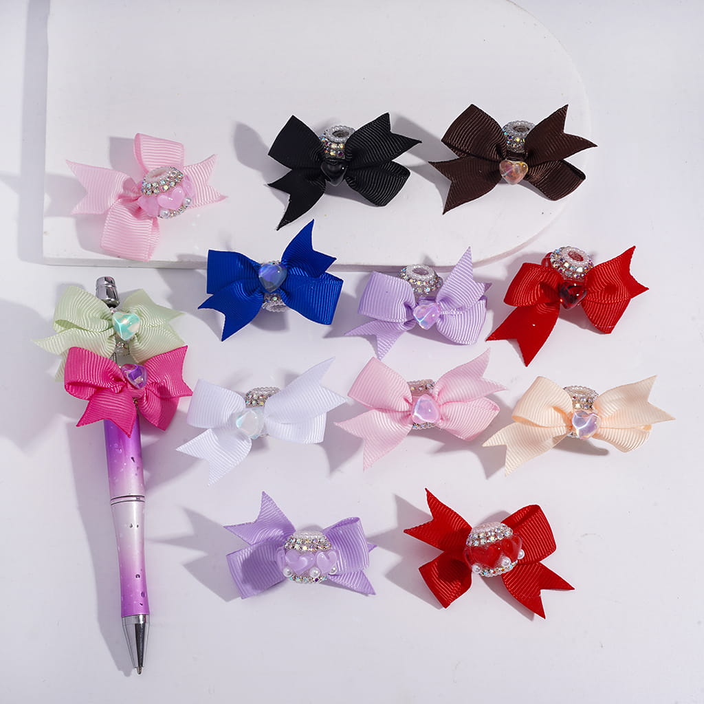 Shiny Clear Hearts with Multi-Color Fabric Bowknot, AB Rhinestones & White Pearl Chains Acrylic Beads