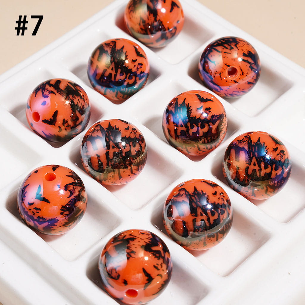 UV Coated Acrylic Beads for Bracelets with Horror Mask Skull Bat Witch Hat Castle, Halloween Series, 16MM