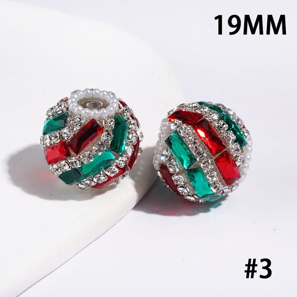 Handmade Christmas Series Acrylic Beads with Red and Green Diamonds, White Pearl & AB Clear Rhinestone Chains