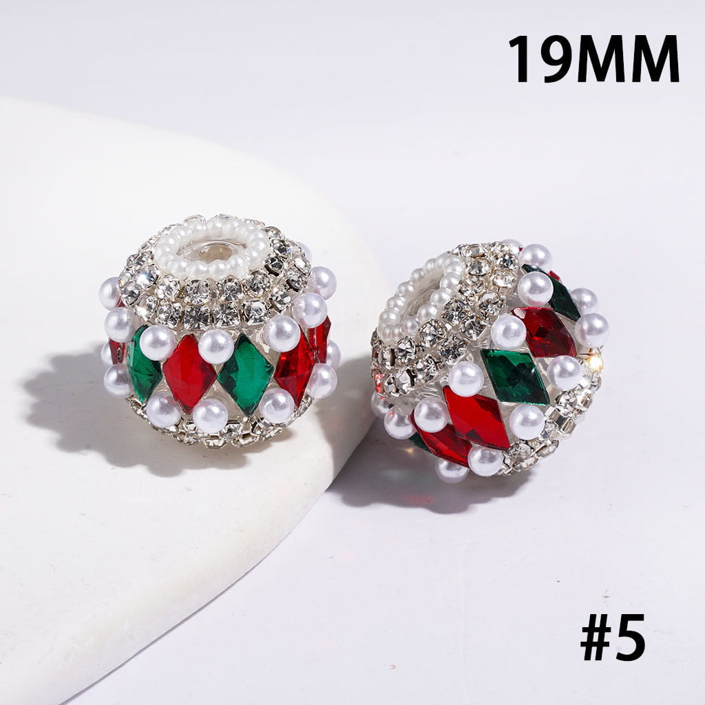 Handmade Christmas Series Acrylic Beads with Red and Green Diamonds, White Pearl & AB Clear Rhinestone Chains