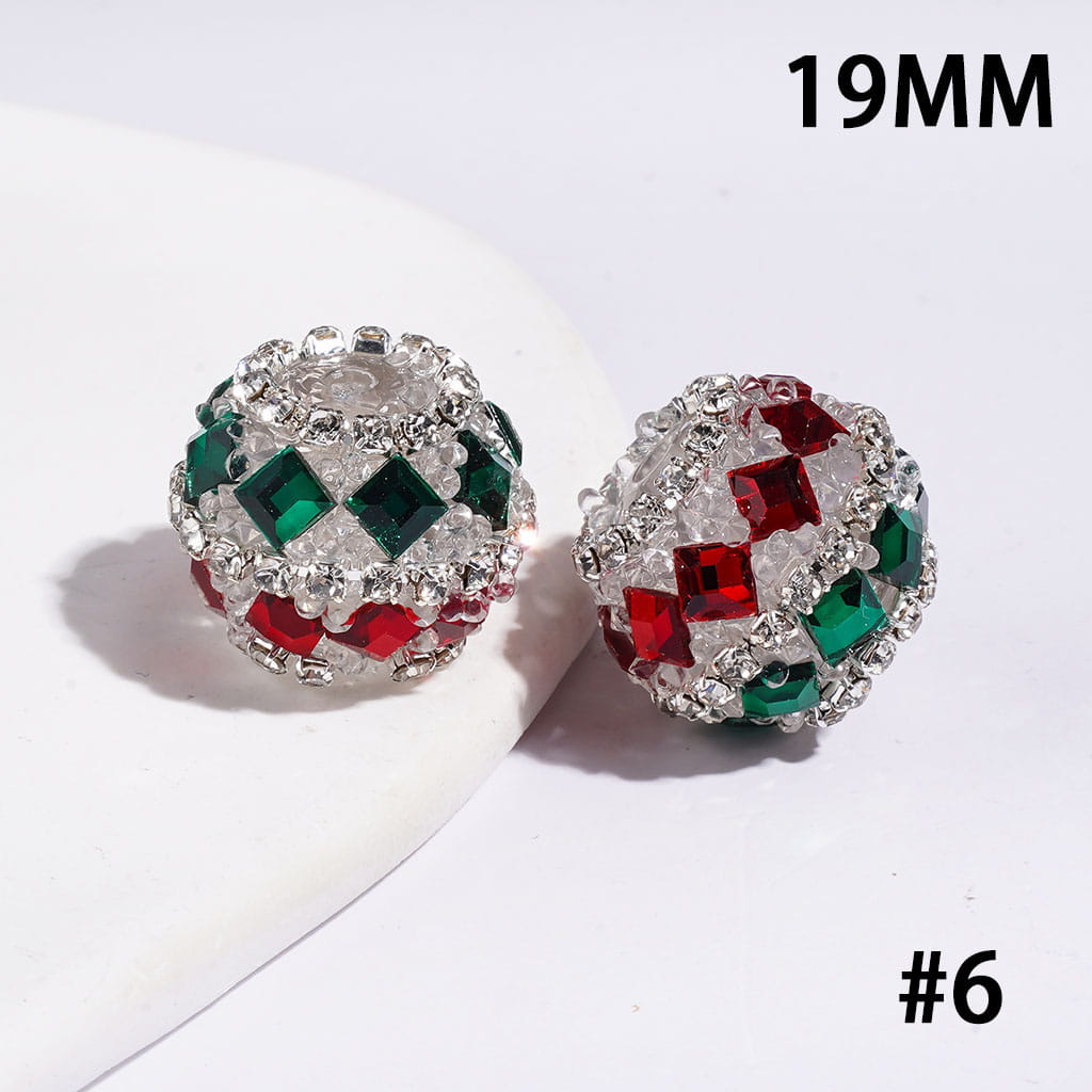 Handmade Christmas Series Acrylic Beads with Red and Green Diamonds, White Pearl & AB Clear Rhinestone Chains