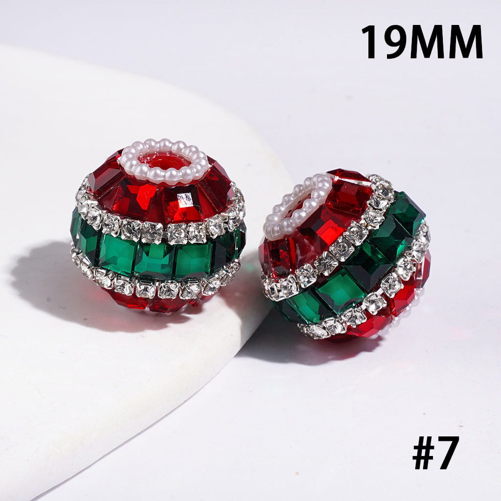 Handmade Christmas Series Acrylic Beads with Red and Green Diamonds, White Pearl & AB Clear Rhinestone Chains