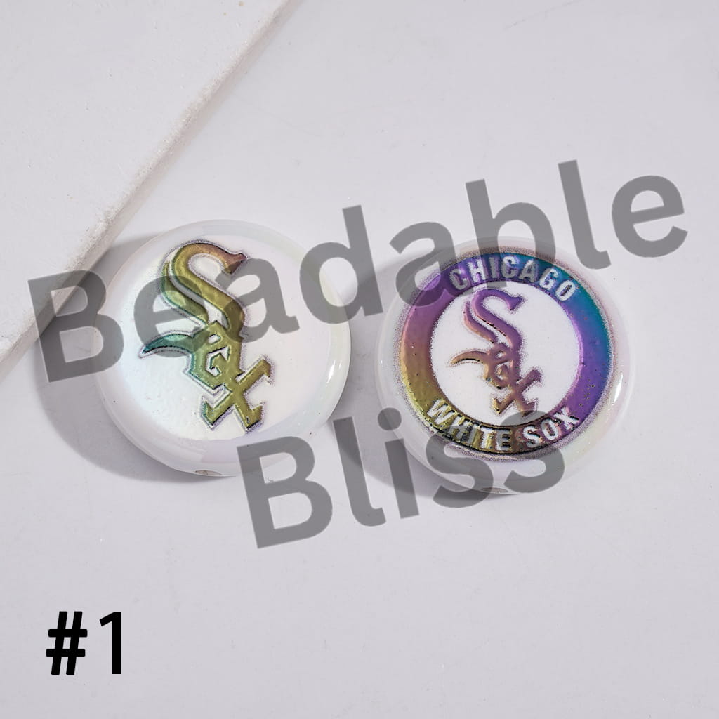 Acrylic Beads UV Coating with Sports American Baseball Series, Around 24MM, Flat Round Shape
